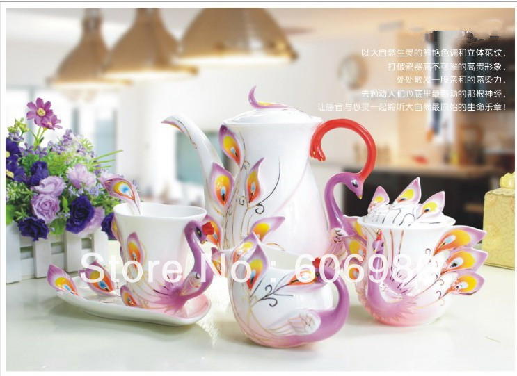 Enamel Porcelain 21pcs European Style PEACOCK Embossed Coffee Tea Set Wedding Gift