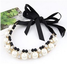 Free Shipping 2013 High Quality Accessory for Women Simulated Diamond and Pearl Necklace with Beads and Ribbon