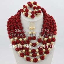 Gorgeous Handmade 4 Rows Red Coral Balls Necklace Sets with Pearls Costume African Jewelry Sets Free