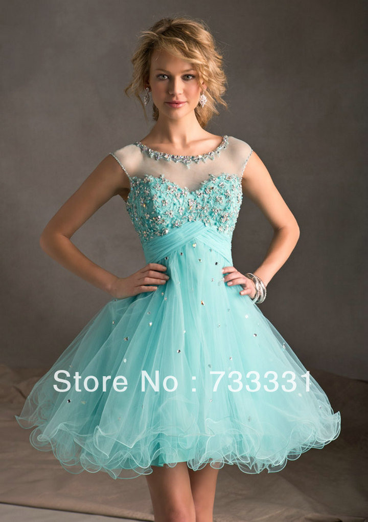 ... 2014 Modest Sheer Cap Sleeves A-Line Knee Length Short Prom Dresses