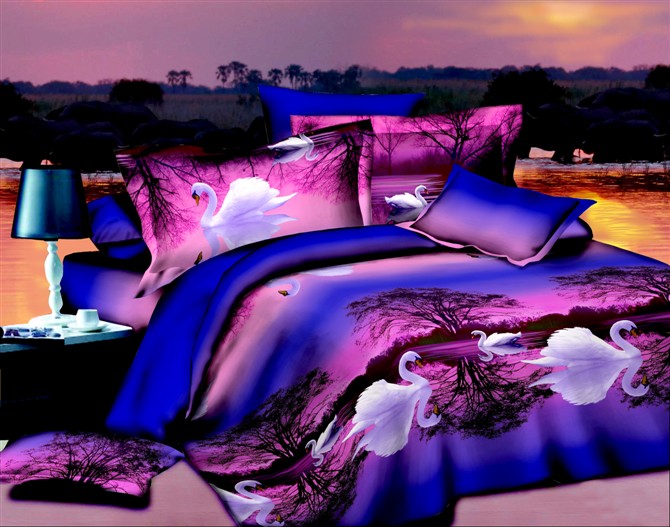3D Purple blue swan lake comforter bedding set queen tree comforters ...
