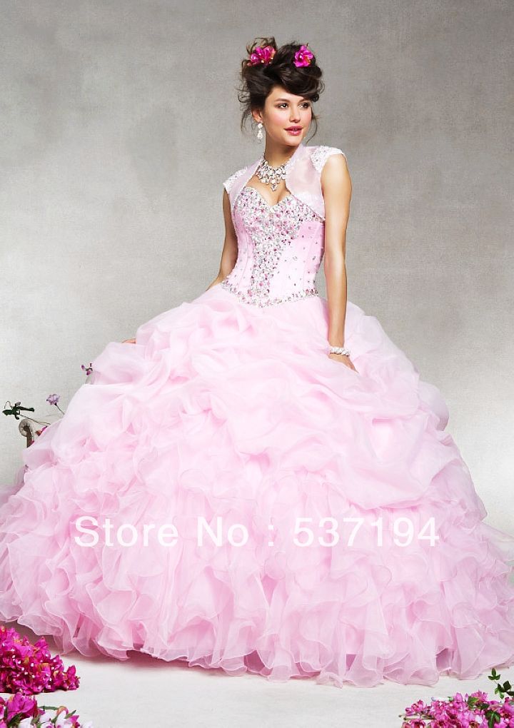 Free Shipping New Arrival Ball Gown Sweetheart Beaded Bodice Draped With Jacket Floor length Pink Organza