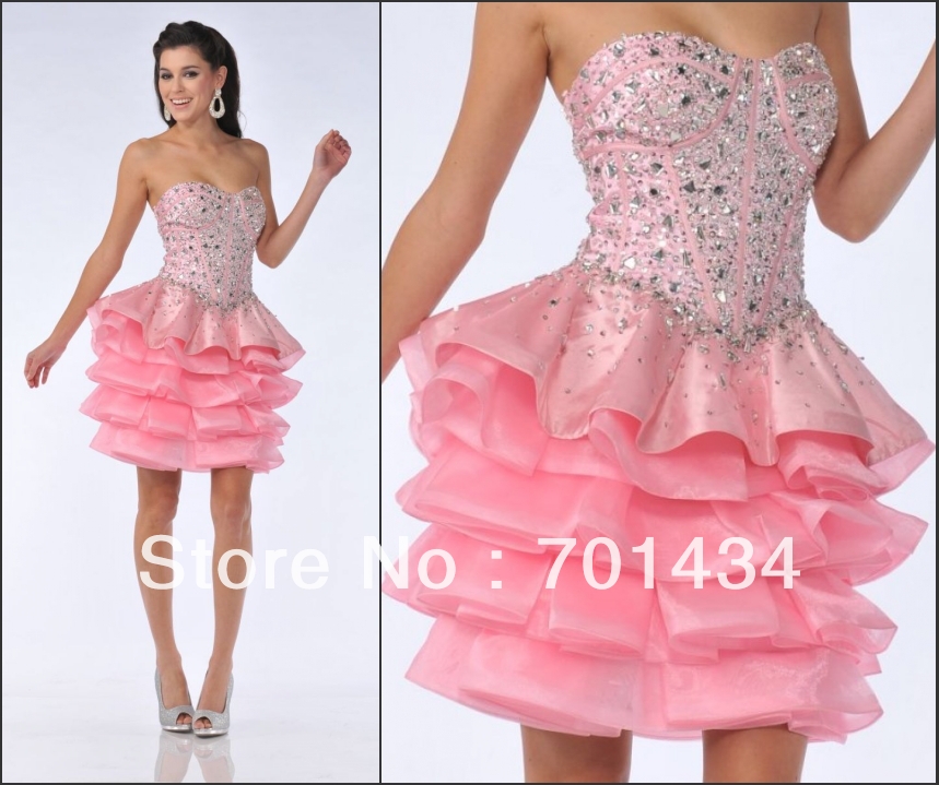 Top-rated Pretty Pink Prom Dress Strapless Rhinestone Layered Short ...