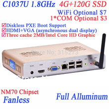 2013 best quality fanless mini pcs with HDMI Intel Celeron C1037U 1.8GHz 4G RAM120G SSD full alluminum chassis directx11 support