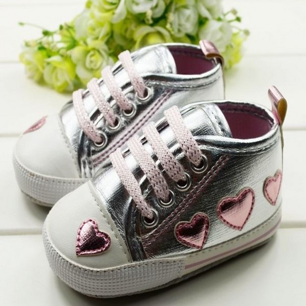 Cute Kid Toddler Baby Girl Silver Crib Heart Soft Shoes Walking ...