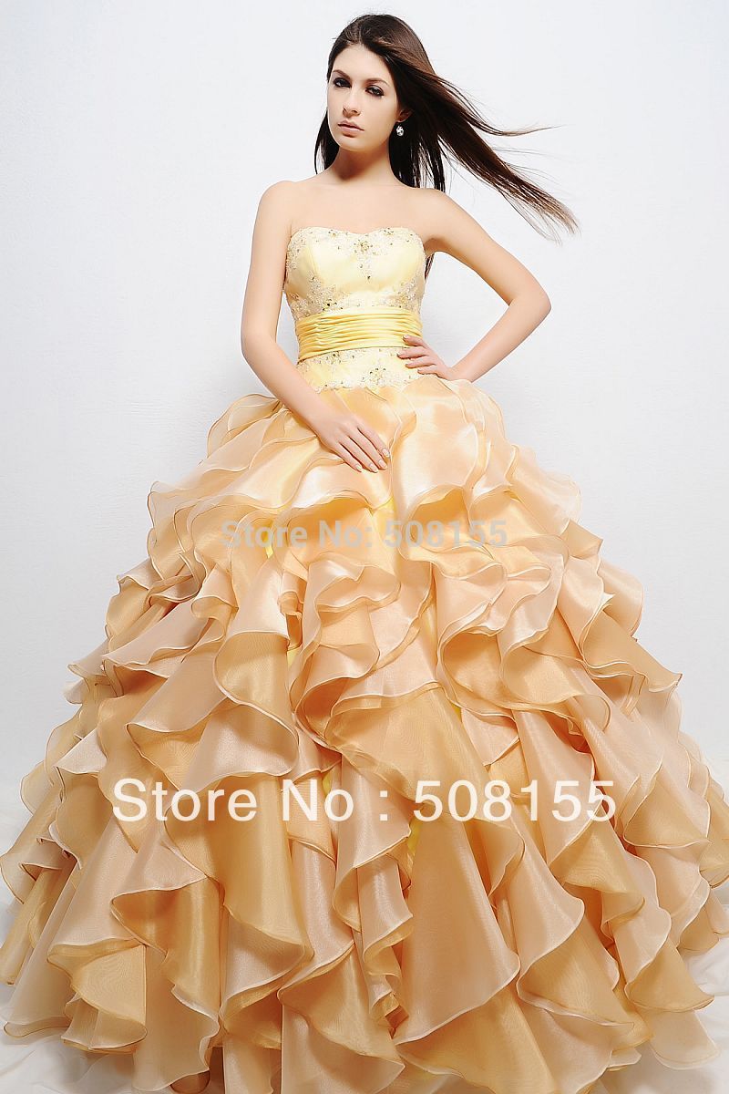 Free Shipping 2014 New Sweetheart Yellow Ball Gown Floor Length Organza Quinceanera Dress With Short Sleeve