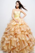 Free Shipping 2014 New Sweetheart Yellow Ball Gown Floor Length Organza Quinceanera Dress With Short Sleeve Jacket LAQ001
