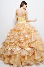 Free Shipping 2014 New Sweetheart Yellow Ball Gown Floor Length Organza Quinceanera Dress With Short Sleeve