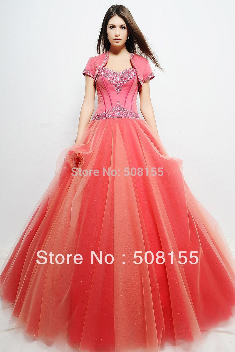 Free Shipping Fashion Sweetheart Watermelon Ball Gown Floor Length Satin Organza Quinceanera Dress With Jacket LAQ007