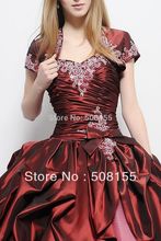 Free Shipping 2014 New Sweetheart Burgundy Ball Gown Floor Length Taffeta Organza Quinceanera Dress With Jacket