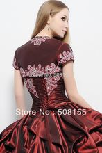 Free Shipping 2014 New Sweetheart Burgundy Ball Gown Floor Length Taffeta Organza Quinceanera Dress With Jacket