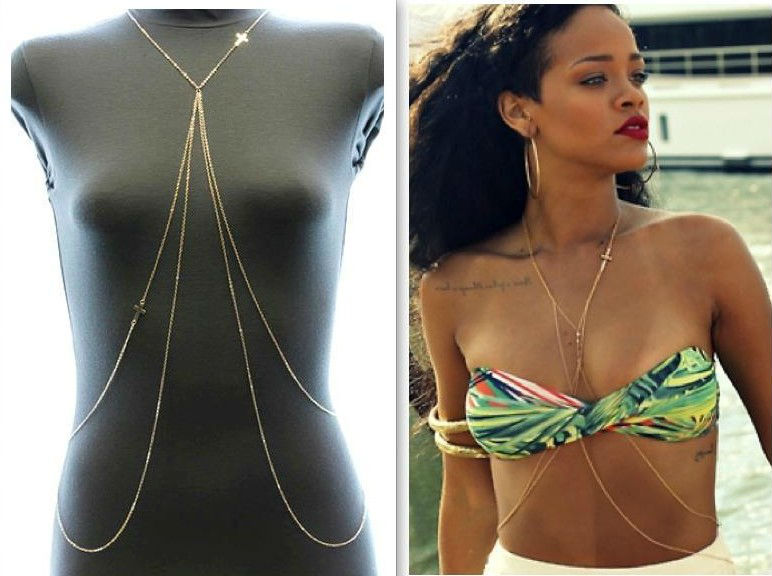 Newest Fashion Rihanna Sexy Body Chain Bikini Chain 28K Gold Cross Tassel Chain Beach Body Jewelry