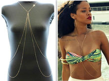 Newest!!!Fashion Rihanna Sexy Body Chain Bikini Chain 28K Gold Cross Tassel Chain Beach Body Jewelry Free Shipping XL052