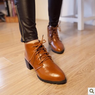 Small leather female fashion preppy style pointed toe thick heel lacing shoes vintage with the single