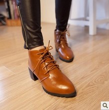 Small leather female fashion preppy style pointed toe thick heel lacing shoes vintage with the single shoes