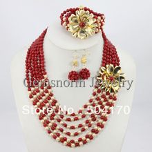 2013 New Coral Shell Beads Flower Jewelry Set Red Coral Necklace Bracelet Earrings Set Free Shipping