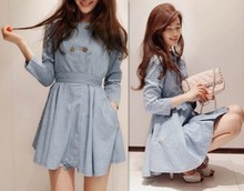 2013 Fashion Women Autumn Winter Dress Jean Solid Button Slim Sashes Casual Dresses