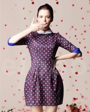 2013 Women Autumn Winter Dress A line Long sleeve Above knee Polo collar Flower print Casual
