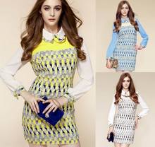 2013 Women Autumn Winter Dress Geometric Print Zipper Dress Patchwork Puff Sleeve Polo Collar Slim Casual