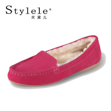 Winter genuine leather pure wool women’s shoes plus velvet gommini loafers female flat-bottomed single shoes thermal