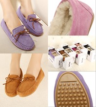 Double cowhide dipper shoes leather wool liner thermal boat shoes bow candy women’s shoes