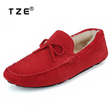 Tze autumn and winter thermal cotton-padded shoes cashmere gommini loafers female genuine leather sheep wool liner women’s shoes