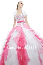 Free Shipping New Arrival Short Sleeeve White/Pink Ball Gown Organza Cheap Quinceanera Dress Custom Size LAQ010