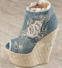 Open Toe Wedge Boots Blue Jeans Denim Shoes Elegant Lace High Heel Platform Wedges