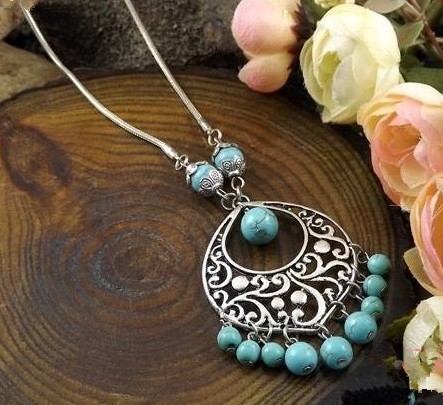 Factory Price 2013 New Arrival Free Shipping Bohemia Tibet Jewelry Vintage Turquoise Bead Pendant Retro Necklace