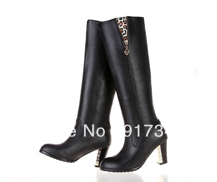 Women s Winter Leopard Boots Black Genuine Leather High Heel Knee High EU Plus Size 40