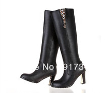 Women’s Winter Leopard Boots Black Genuine Leather High Heel Knee High EU Plus Size 40 41 42 43 44 45 US 8.5 9.5 10 11 11.5 12