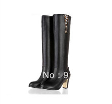 Women s Winter Leopard Boots Black Genuine Leather High Heel Knee High EU Plus Size 40