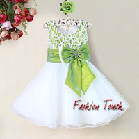 Newest Girls Princess Dresses Kids Green And White Dress With Big Bow Fashion Design Flower Princes Dress Hot Sellers