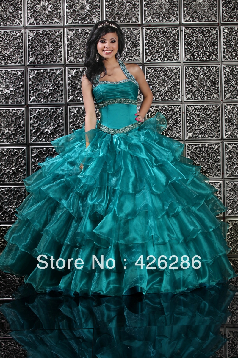 2013 New Elegant Halter Neckline A Line Beading Quinceanera Dresses Organza Lace Up Back Dress Quinceanera