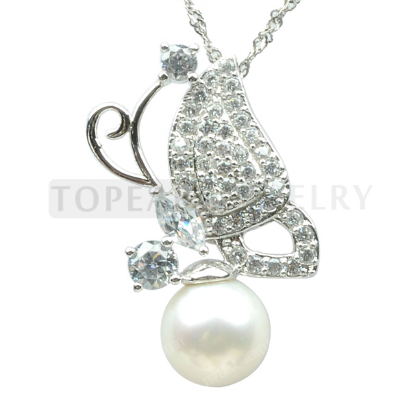 Topearl Jewlery 8 5 9mm White Round Pearl Cubic Zirconia Sterling Silver Butterfly Pendant SPJ30