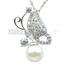 Topearl Jewlery 8.5-9mm White Round Pearl Cubic Zirconia Sterling Silver Butterfly Pendant SPJ30