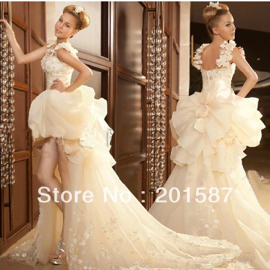Sweet princess flowers short after long contracted before long tail wedding dress
