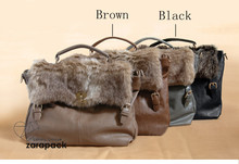 Vintage style Leatherette Briefcase Satchel Shoulder Bag IT Purse with Fur