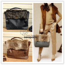 Vintage style Leatherette Briefcase Satchel Shoulder Bag IT Purse with Fur