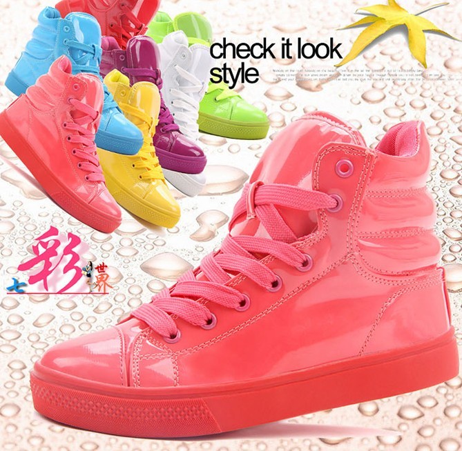 Boots Sneakers For Womens Ankle Boots Fluorescent Candy Color Patent Leather Sport Shoes Mens Sneakers High