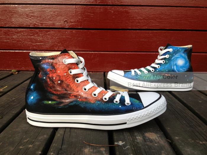 Fashion Galaxy Canvas Shoes Orange Blue High Top Sneakers for Women Men Hand Painted Shoes