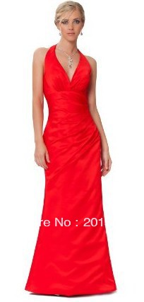 2013 New Sexy V neck halter folds long paragraph Slim waist bright red evening dress prom