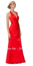 2013 New Sexy V neck halter folds long paragraph Slim waist bright red evening dress prom
