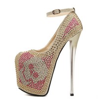 Free shipping sexy women shoes 2014 19cm high heels shoes skull ladies rhinestone pump shoes women&#39;s platform pumps party shoes