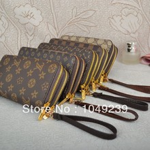 Wholesale! 2013 New fashion Double zipper design women Clutch purse Ladies Plaid leather wallet Shoulder bag 14 colors Dropship