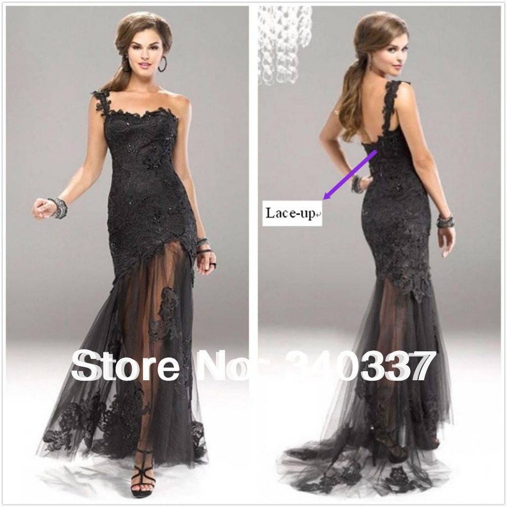 Ready To Ship Long one shoulder mermaid black lace Formal prom Dress ...