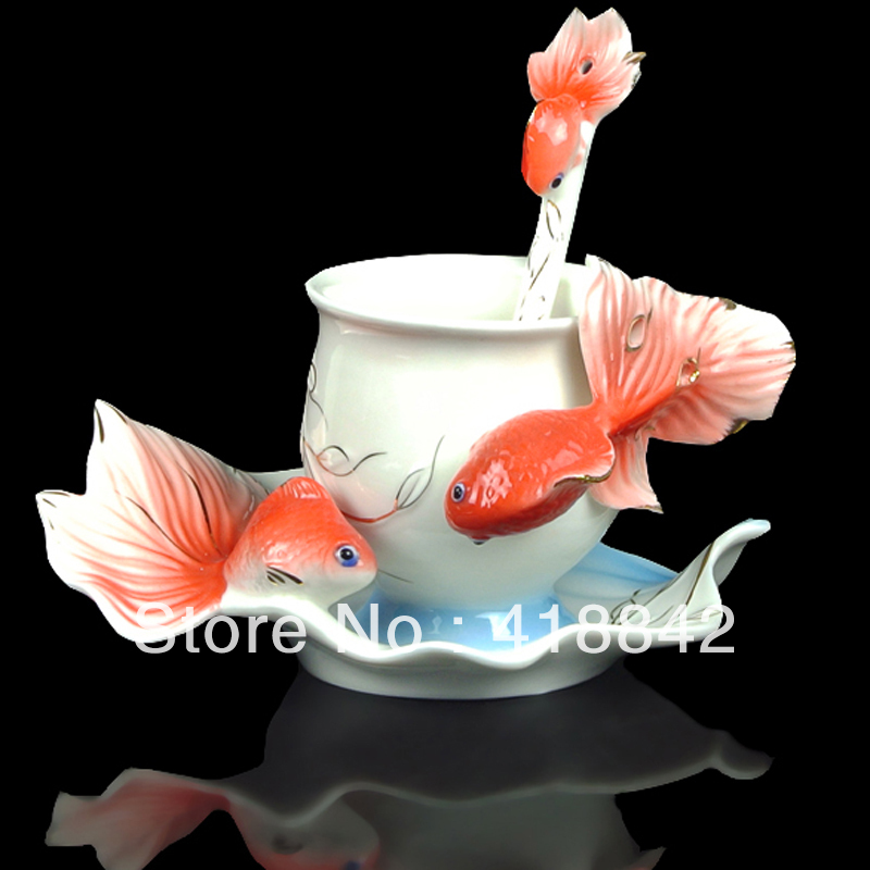 Coffee Set Tea Cup Round head Red Goldfish 1 Cup 1 Saucer 1 Spoon Weddings Gift