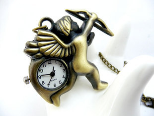 1pc Angel Cupid Pocket Watch With Metal Chain 42x47MM Bronze plated color Antique Vintage Cupids Pocket