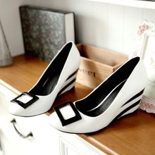 2014 new fashion classic stripe wedges shoes patent leather pumps spring and autumn shoes elegant genuine leather women’s shoes