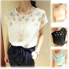 NEW 2013 HOT SALE SUMMER NEW ELEGANT FLOWERS LOOSE BATWING SLEEVE CREW NECK CHIFFON T-SHIRT GWF-64524